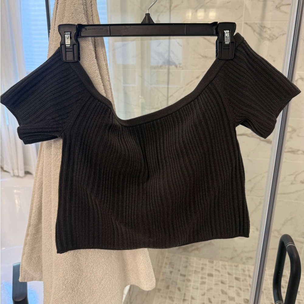 Aerie Charcoal Gray Ribbed Off-Shoulder Crop Top